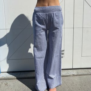 Wide Leg Pant W/Smocked Waistband Blue Stripe