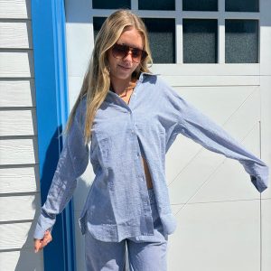 Drop Shoulder Button Down Tunic Blue Stripe