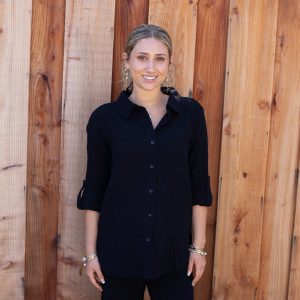 Tab Sleeve Button Front Shirt In Black